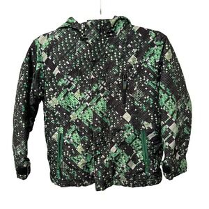 Champion Boys Puffer Jacket Hooded Green Black Geometric Winter Coat Size S 6–7